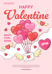 Valentine&rsquo;s Day Party Night Poster with Heart Balloons and envelope