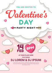 Valentine Party Invitation with Cute Winged Heart Illustration, and clouds