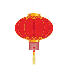 A vibrant red and gold Chinese lantern with a yellow tassel hangs against a clean white background, featuring a cute cartoon design.