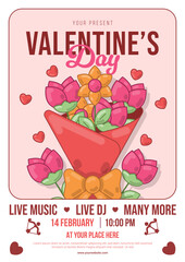 Valentine's Day Event Poster with Flower Bouquet and Music Info