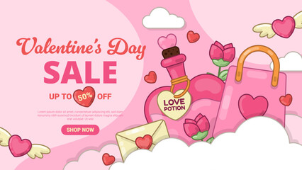 Valentine's Day Sale Banner with Love Potion Illustration and Shopping Bag