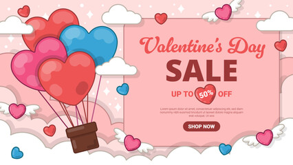 Valentine&rsquo;s Day Sale Banner with Hot Air Balloon Hearts