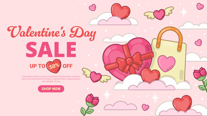 Valentine&rsquo;s Day Sale Banner with Gift Box and Shopping Bag