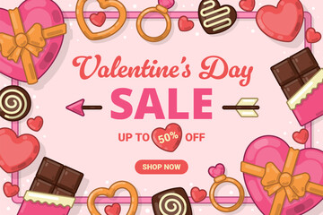 Valentine's Day Sale Promo Banner with chocolate, gift box, ring, and heart shape