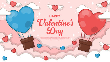 Valentine's Day Greeting with Hot Air Balloons in the Cloudy Sky