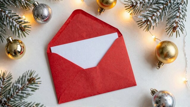 Red envelope with white letter and Christmas decorations - Powered by Adobe