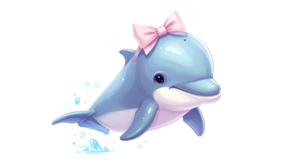 A charming cartoon dolphin with a pink bow, smiling, surrounded by sparkling water