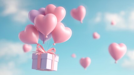 Heart balloons and gift box flying in the air, Valentine's Day theme with blue background, fit canvas, lovecore, minimalist backgrounds. banner or greeting card
