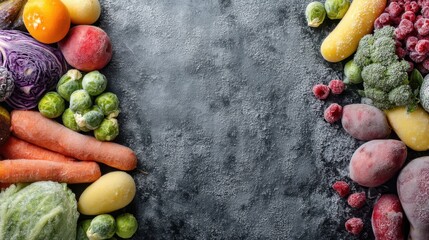 Colorful variety of fresh and frozen vegetables and fruits on dark background.