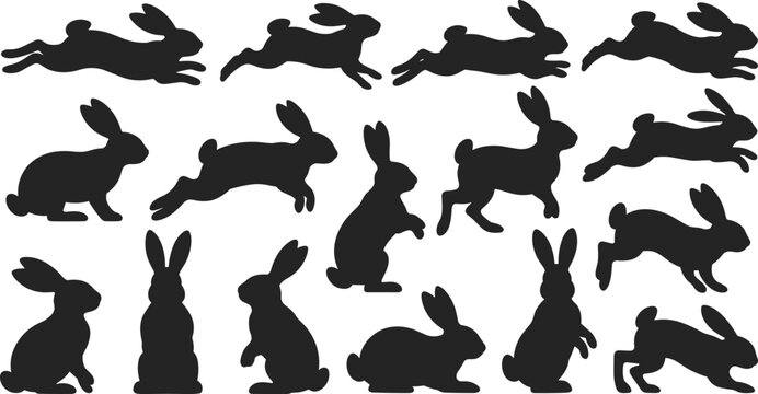 Rabbit silhouettes in motion, sitting, leaping, crouching, black animal shapes, diverse poses, wildlife design, white background, vector collection