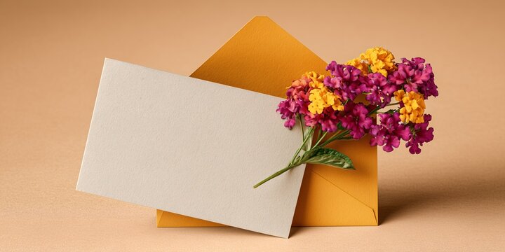 A blank gift card mockup (folded), opened to show the blank interior, with a small sprig of bright saffron and magenta lantana flowers