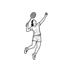 Female badminton player jumping smash action sportswoman hitting shuttlecock professional athlete line art illustration isolated on white background
