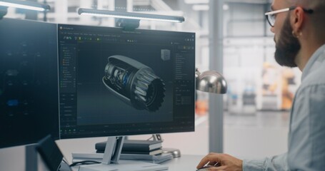 Engineers Analyzing Complex Engine Model on Monitor. Man and Woman Engineering Team Collaborating Over Large Monitor Displays Detailed 3D Model of Mechanical Part. Concept of Collaborative 3D Design.