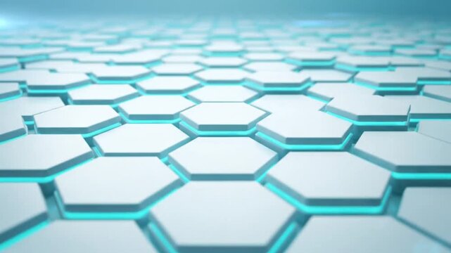 Futuristic abstract honeycomb cell grid with teal blue glowing underlay reflecting light on a white surface