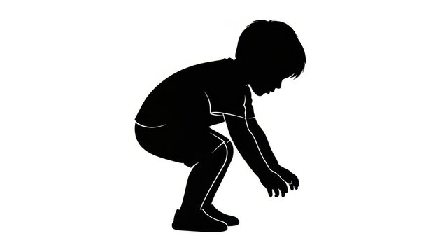 Silhouette of a child crouching down, exploring or playing on a white background