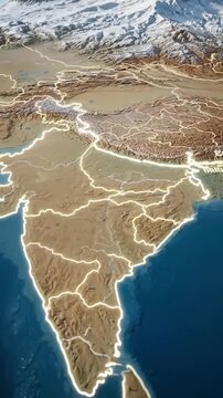 A 3D rendered, illuminated map of a South Asian country, with a snow-capped mountain backdrop