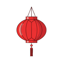 A vibrant red cartoon lantern with a simple, cute design and a tassel, hanging from a thin string against a clean white background.