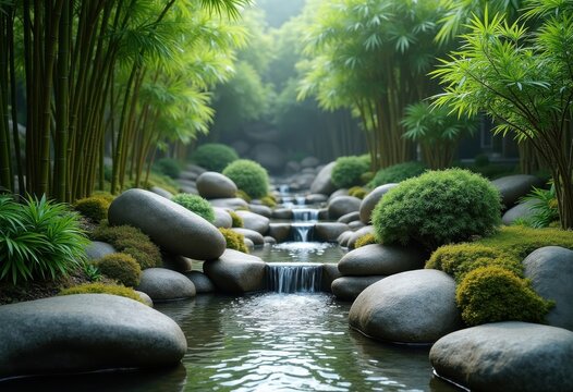 Tranquil Zen Garden Water Feature Stones Bamboo Serenity Symbolizing Tranquility Nature