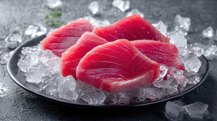 Fresh raw tuna steaks on ice displaying rich red color and texture.
