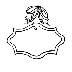 Hand-drawn blank vintage tag with a ribbon tied in a bow with twisted ends in doodle style. for greeting cards, wedding invitations, and gift tags on white