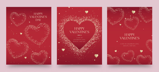 Valentines Day Flyer Poster Template in Red & Gold with Sparkling Valentine's Day Love Heart Vector