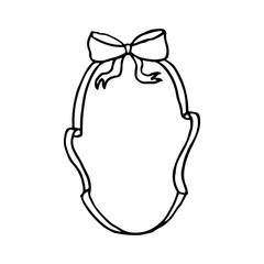 Hand drawn vertical oval frame made of ribbons with a decorative bow on top. Minimalist black and white sketch border for invitations