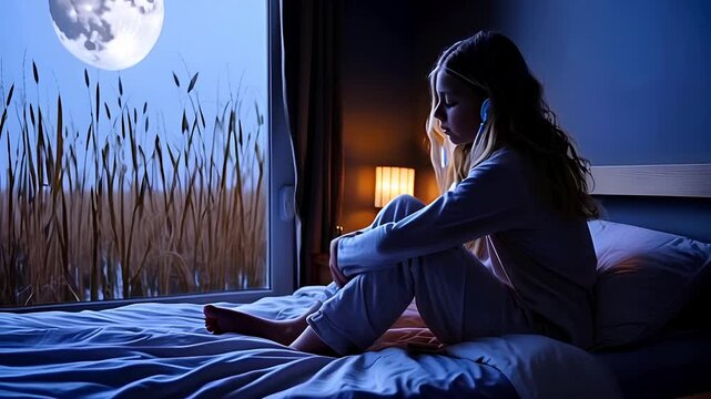 The girl sat sadly on the bed.
