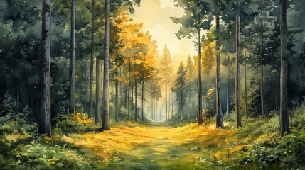 Fototapeta premium green forest depicted in a watercolor painting. Ideal for nature-themed designs
