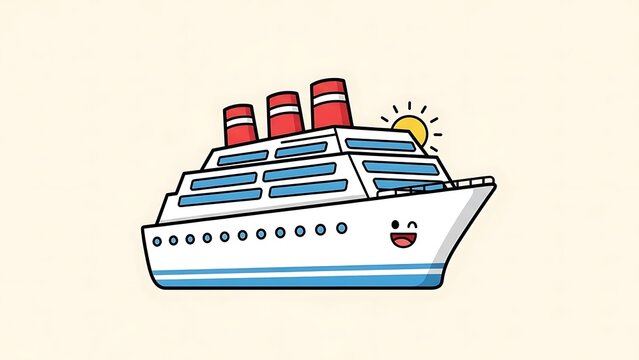 Cartoon Cruise Ship Sailing in Morning Sun.
