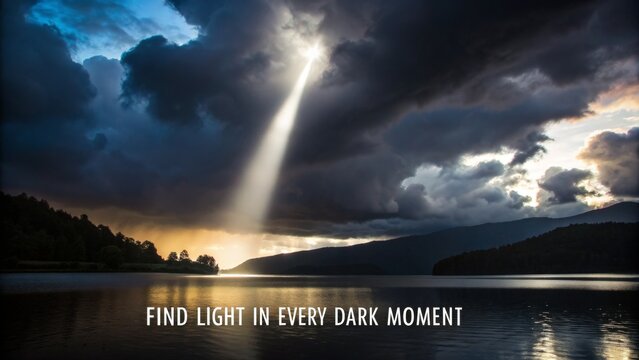 Dramatic light ray pierces dark storm clouds over a lake - Powered by Adobe