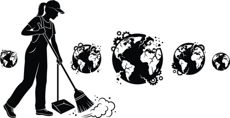 Silhouette woman cleaning environment showing polluted to clean Earth transformation, eco sustainability concept, environmental protection, global warming awareness illustration