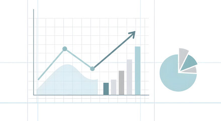 Digital illustration of various business and financial data charts including line graphs, bar charts, and a pie chart, indicating growth and analysis.