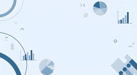 Abstract light blue background with geometric shapes and data visualization elements like bar charts and pie charts, representing business analytics and technology.