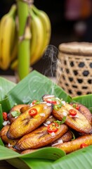 Crispy Ivorian Alloco - Golden Fried Plantains with Chili and Onion in Banana Leaf with Left Negative Space