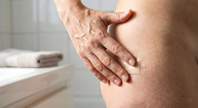 Mature woman applying a generic hormone replacement patch to her hip