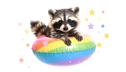 Adorable raccoon floating in a colorful rainbow inner tube surrounded by starry embellishments