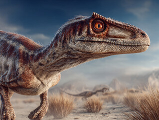a dinosaur-like creature with a detailed texture, featuring a rugged, spiny appearance and a large, round eye. The background shows a barren, rocky landscape under a cloudy sky.