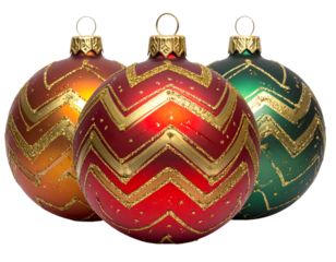 Three festive baubles with gold chevron patterns and glitter