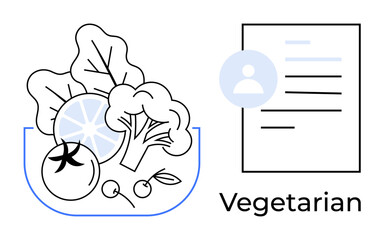 Healthy eating, plant-based lifestyle, nutrition guides, vegetarian recipes, diet plans, wellness. Bowl of vegetables with tomatoes, broccoli leafy greens and document icon. Healthy eating