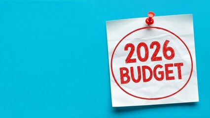 A white note pinned to a blue background displaying the 2026 budget in red text within a circular outline