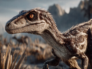 a dinosaur-like creature with a detailed texture, featuring a rugged, spiny appearance and a large, round eye. The background shows a barren, rocky landscape under a cloudy sky.