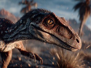 a dinosaur-like creature with a detailed texture, featuring a rugged, spiny appearance and a large, round eye. The background shows a barren, rocky landscape under a cloudy sky.