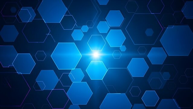 Futuristic abstract background with glowing blue hexagon pattern and center light, creating a modern, digital, dynamic and professional technological impression. - Powered by Adobe