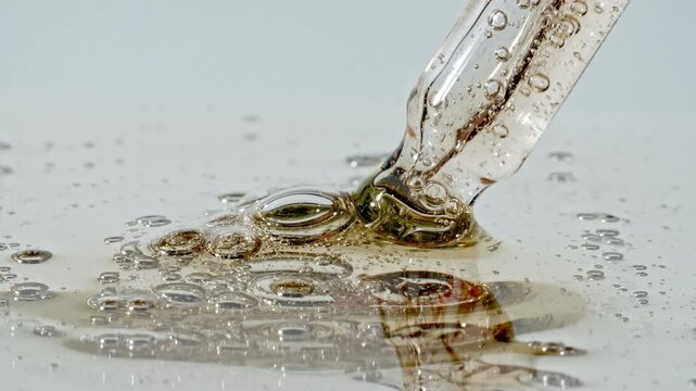 Drops of Essential Oil, Cosmetic Serum Fluid Gel With Molecule Bubbles Spreading From a Glass Pipette. Dermatology science laboratory. Macro Shot of Organic Skin or Body Care Products. High quality 4k