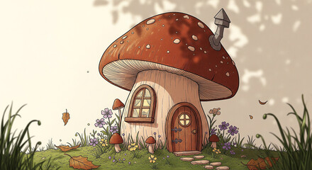 Enchanting fantasy mushroom cottage with a door and window in a magical meadow, perfect for fairy tales.