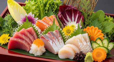 Delicious assortment of fresh raw fish sashimi including salmon, tuna, and scallop with garnishes on a wooden boat.