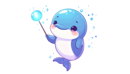 Cartoon dolphin, holding wand with shimmering orb and surrounded by bubbles, on black background