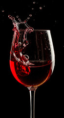 High-speed photography of red wine splashing elegantly out of a crystal glass against a dark backdrop.