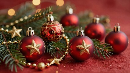 Red Christmas ornaments with gold stars on pine branches