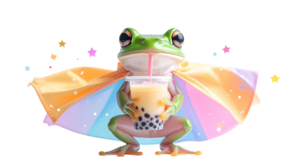Adorable green frog, cape adorned, enjoys a bubble tea. Whimsical stars float around